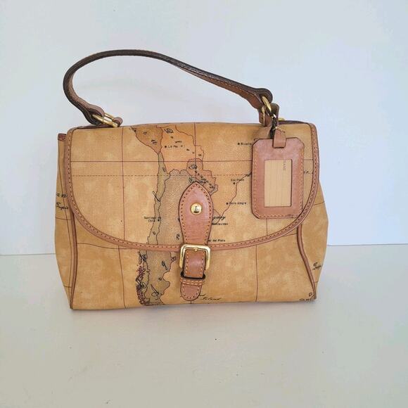 Alviero Martini Vintage Handbag Bag Purse Map Geo Leather Brown Flap Medium - Picture 1 of 11